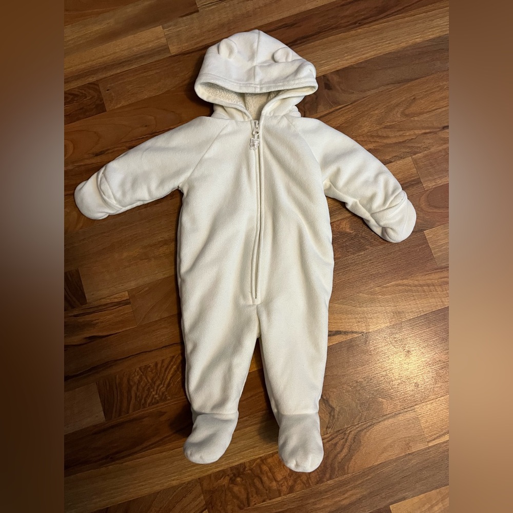 Old Navy Newborn Sz 6-9 M Fleece Coverall Coat Ivory Sherpa Critter Ears On Hood
